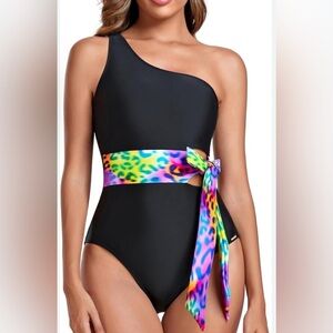 RELLECIGA Black One-Piece Swimsuit with Vibrant Accents